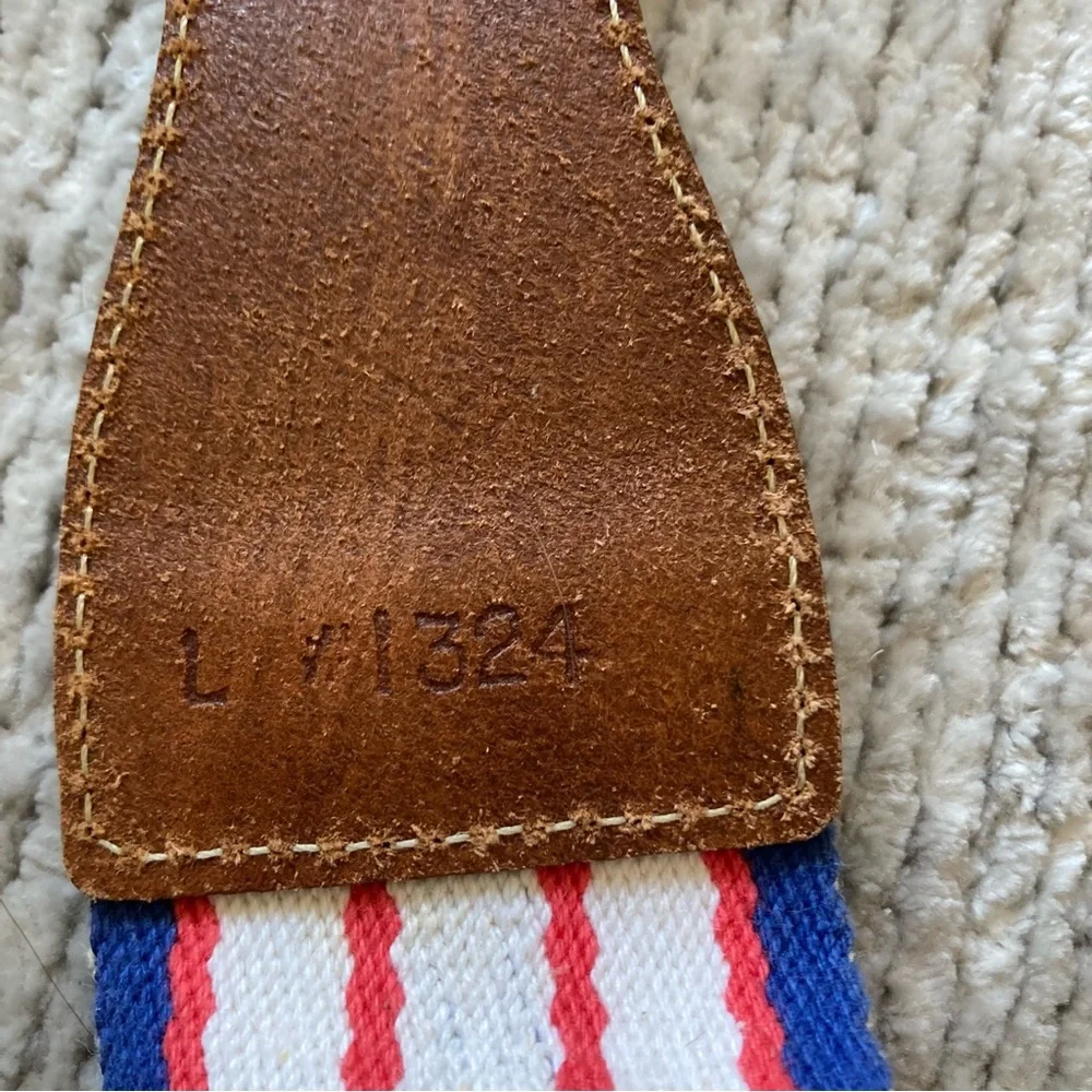 Eddie Bauer Stripe Canvas Leather Belt‎ Large Vintage Americana Red White Blue